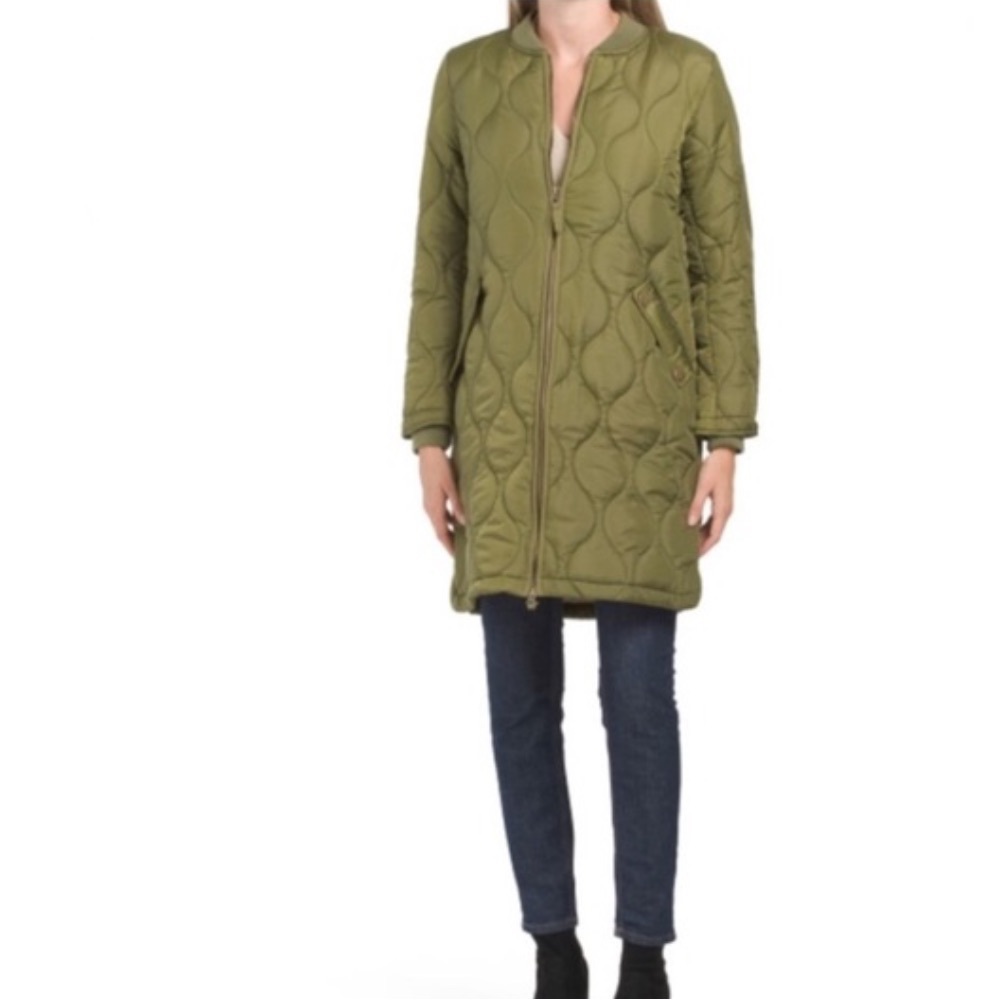 NWT AVEC LES FILES Heritage Quilted Longline Bomber Coat in Olive Green size Sm